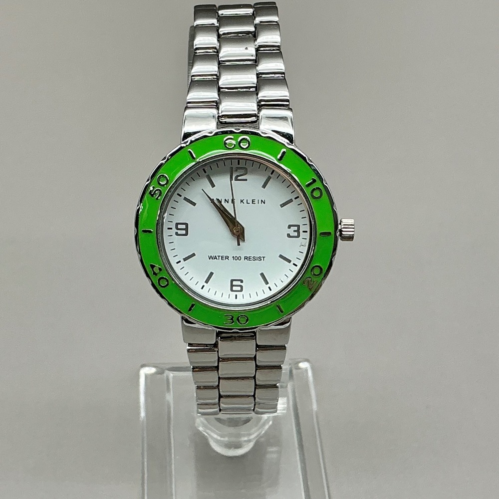 Anne Klein Watch Womens 10/9953 Green Bezel Silver Tone 34mm Y121E NEW BATTERY